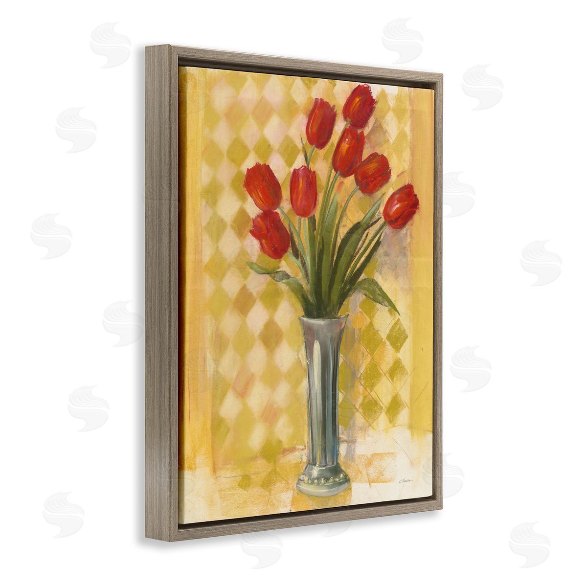 Carol Rowan Red Tulip Vase over Yellow Checker Plaid Brown Floater Frame Canvas Art