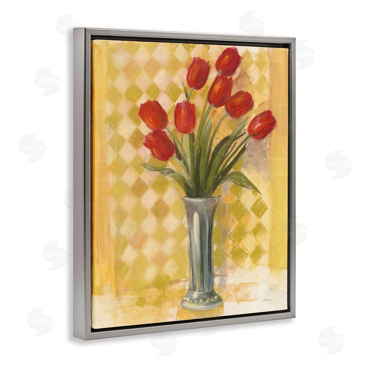 Carol Rowan Red Tulip Vase over Yellow Checker Plaid Gray Floater Frame Canvas Art