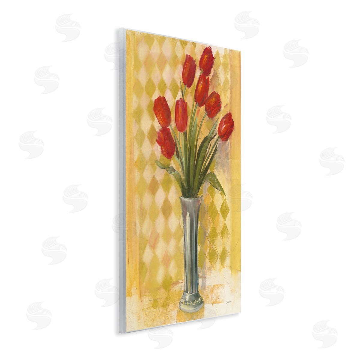 Carol Rowan Red Tulip Vase over Yellow Checker Plaid Wall Plaque Art