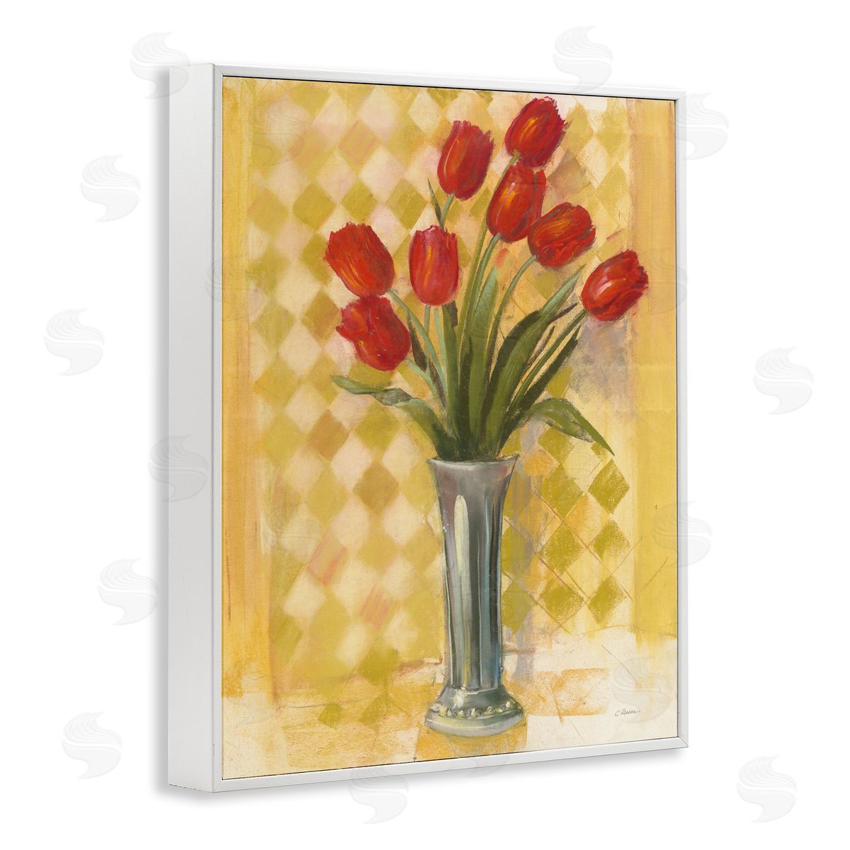 Carol Rowan Red Tulip Vase over Yellow Checker Plaid White Framed Giclee Wall Art