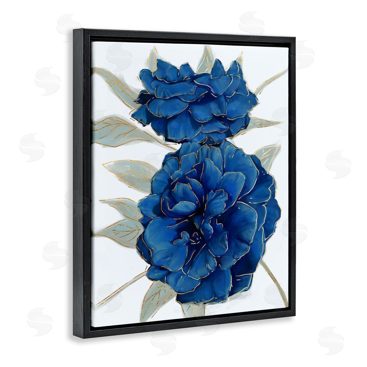 Ziwei Li Bold Blue Carnation Florals Gold Line Detail Black Floater Frame Canvas Art