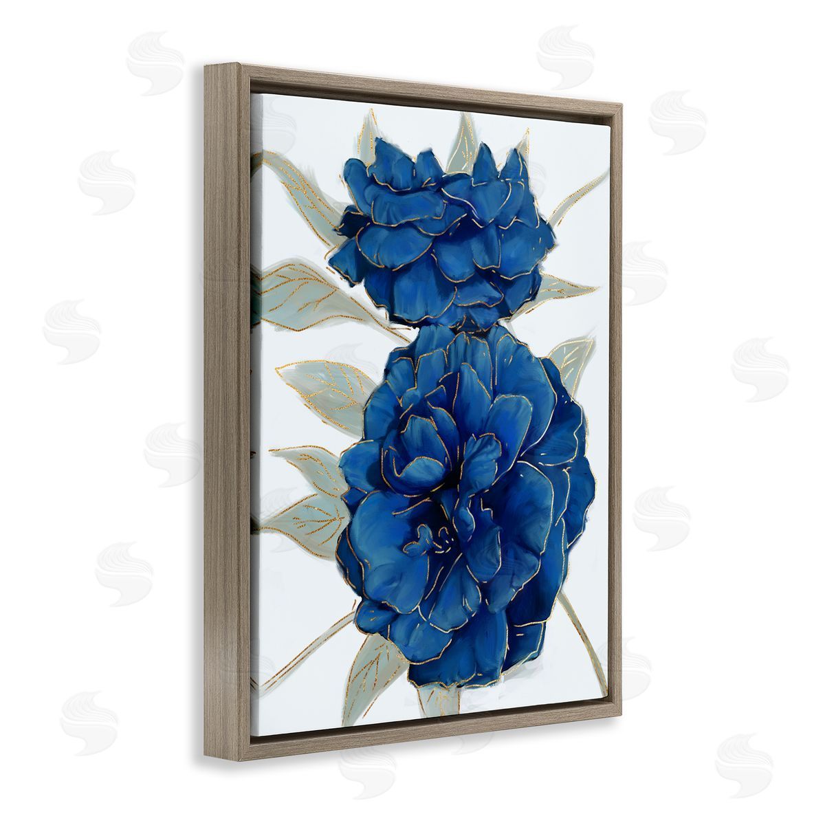 Ziwei Li Bold Blue Carnation Florals Gold Line Detail Brown Floater Frame Canvas Art