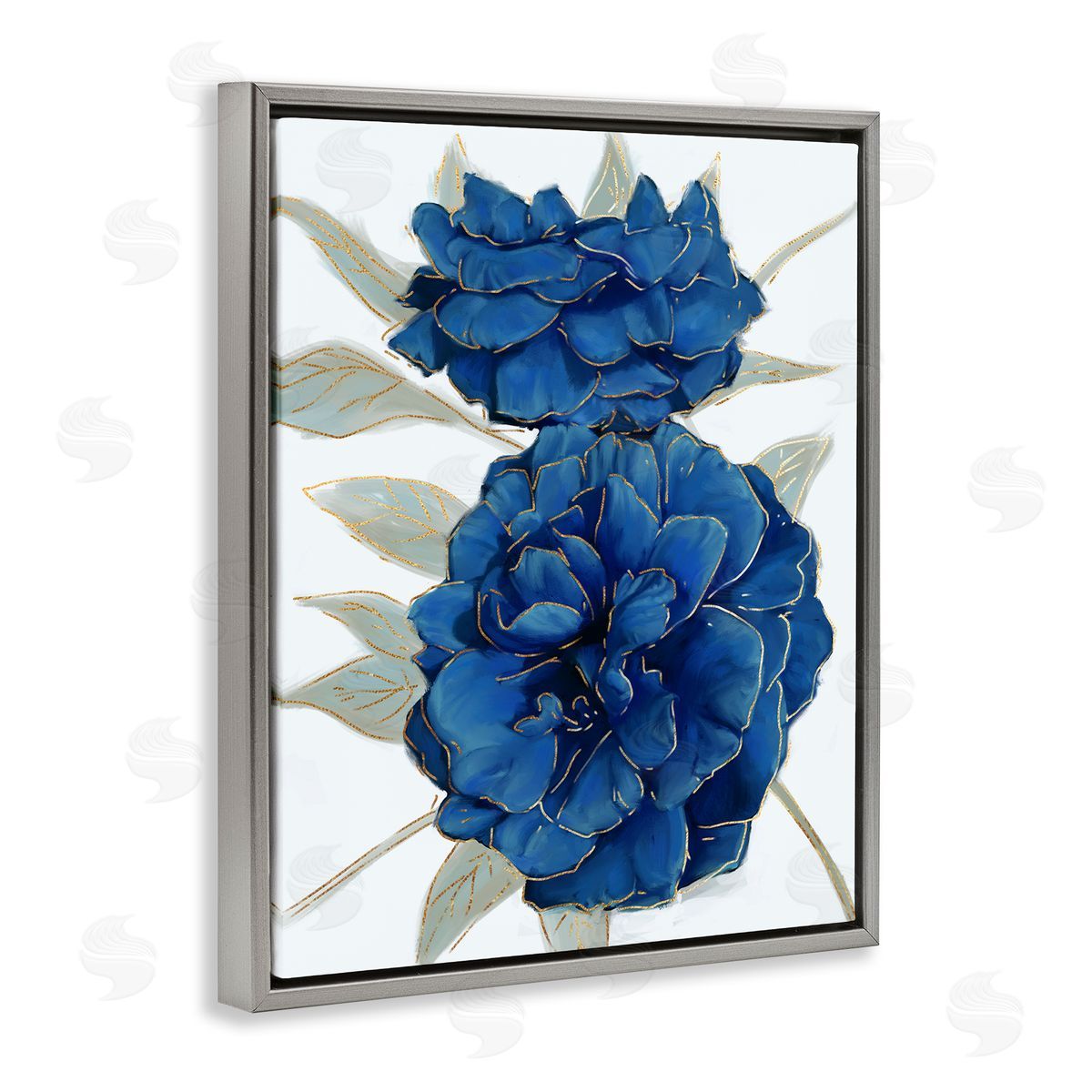 Ziwei Li Bold Blue Carnation Florals Gold Line Detail Gray Floater Frame Canvas Art