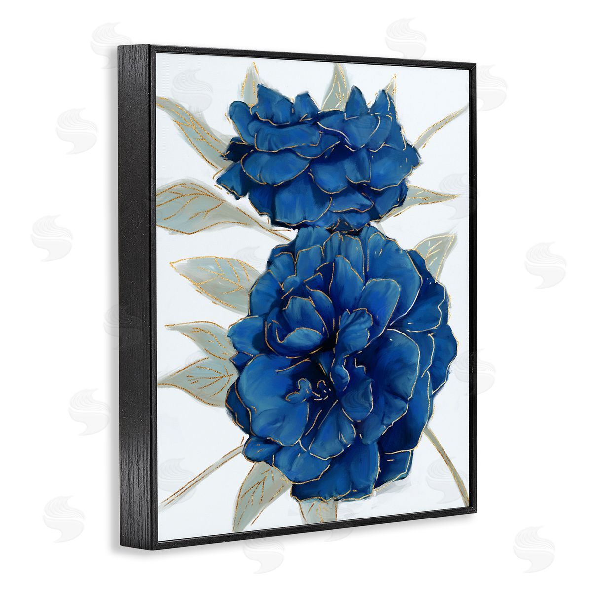 Ziwei Li Bold Blue Carnation Florals Gold Line Detail Black Framed Giclee Wall Art