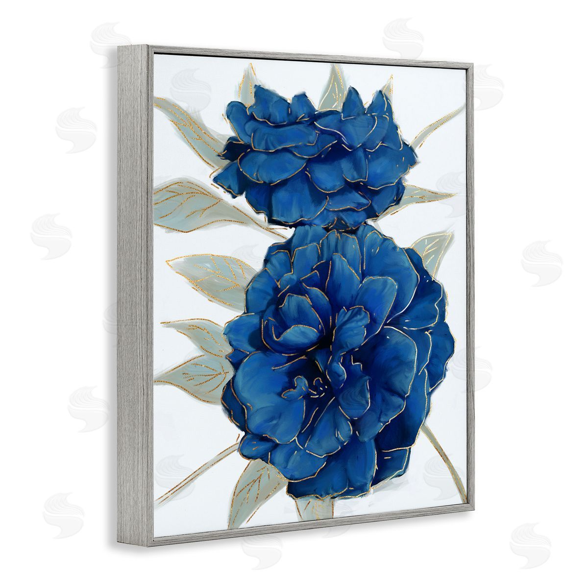 Ziwei Li Bold Blue Carnation Florals Gold Line Detail Gray Framed Giclee Wall Art