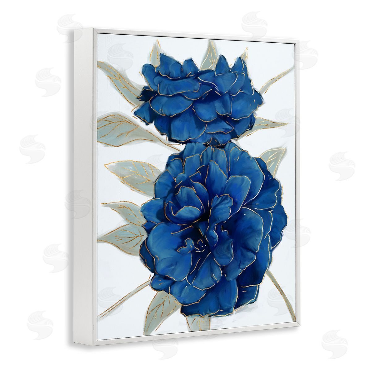 Ziwei Li Bold Blue Carnation Florals Gold Line Detail White Framed Giclee Wall Art