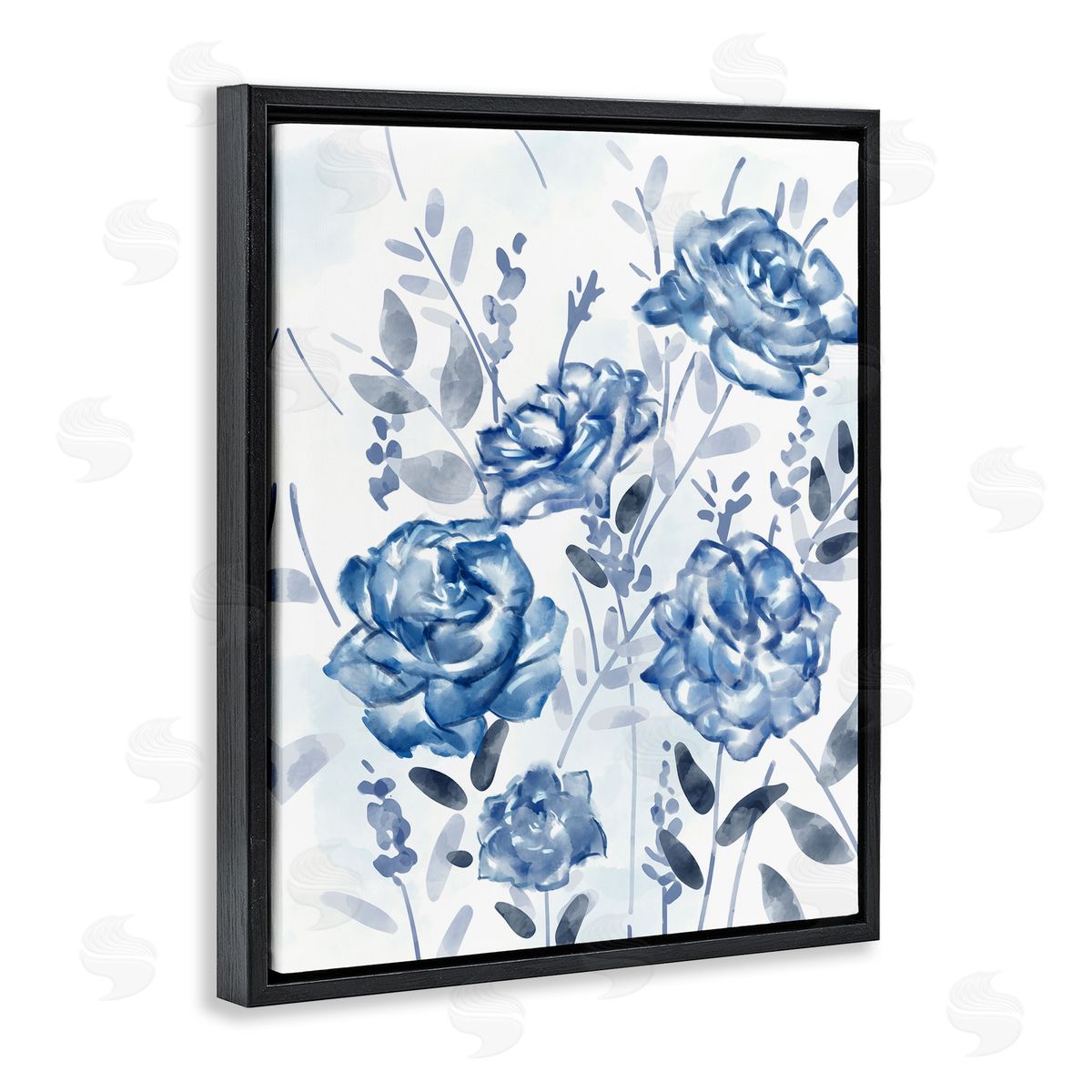 Ziwei Li Blue Rose Garden Abstract Toile Florals Black Floater Frame Canvas Art