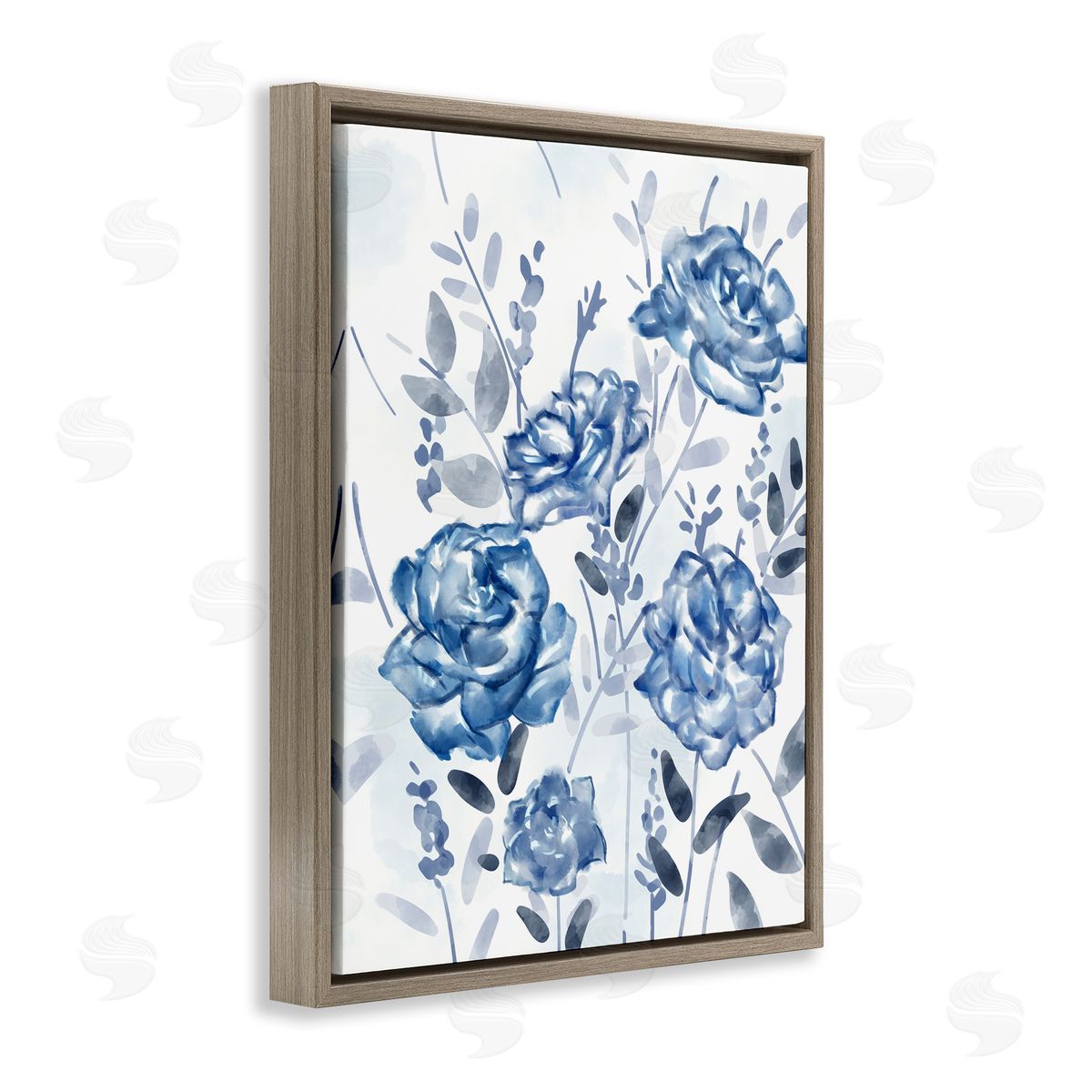 Ziwei Li Blue Rose Garden Abstract Toile Florals Brown Floater Frame Canvas Art