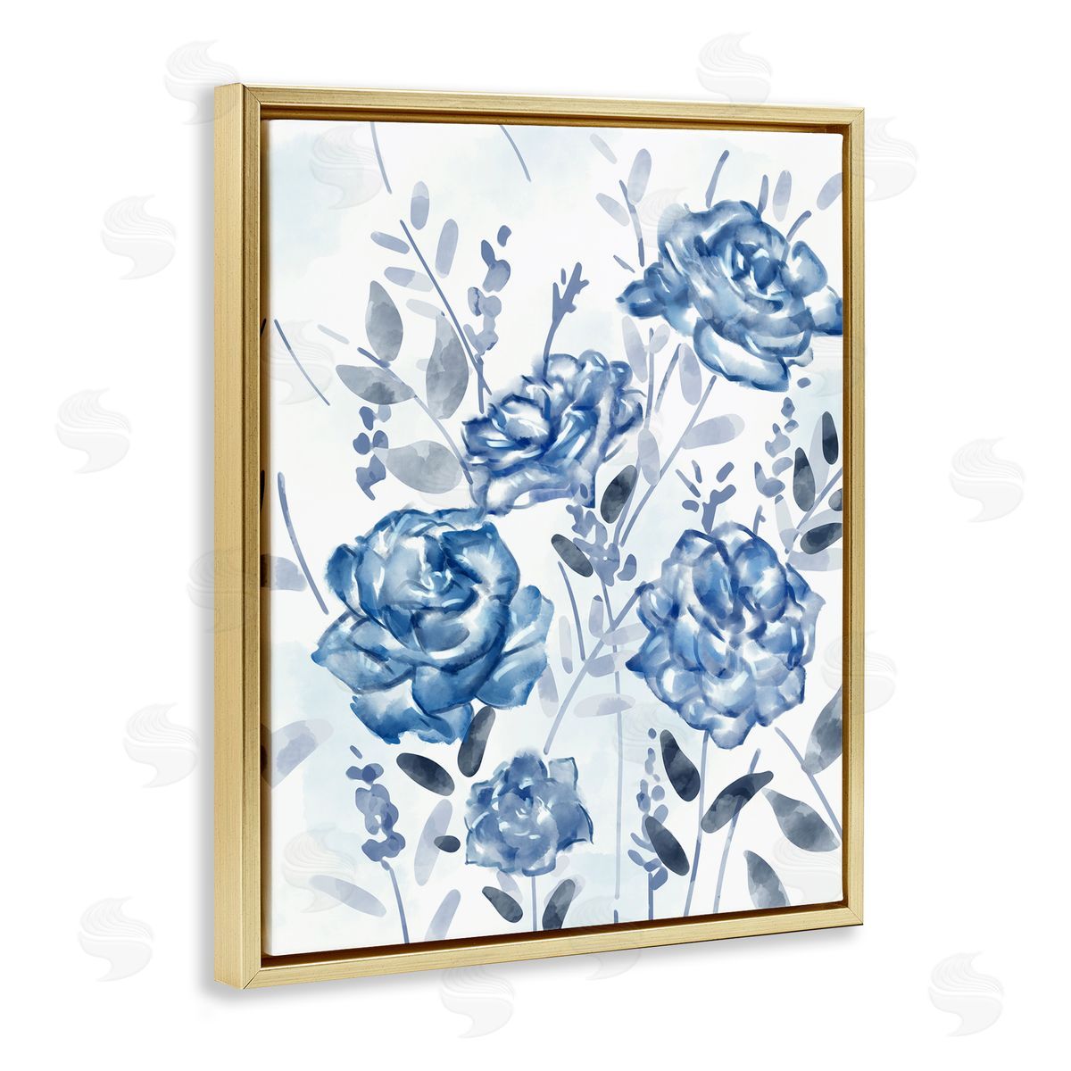 Ziwei Li Blue Rose Garden Abstract Toile Florals Gold Floater Frame Canvas Art