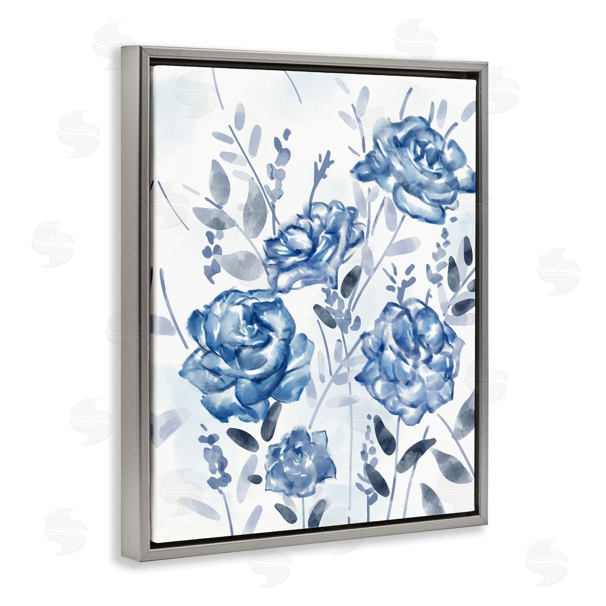 Ziwei Li Blue Rose Garden Abstract Toile Florals Gray Floater Frame Canvas Art