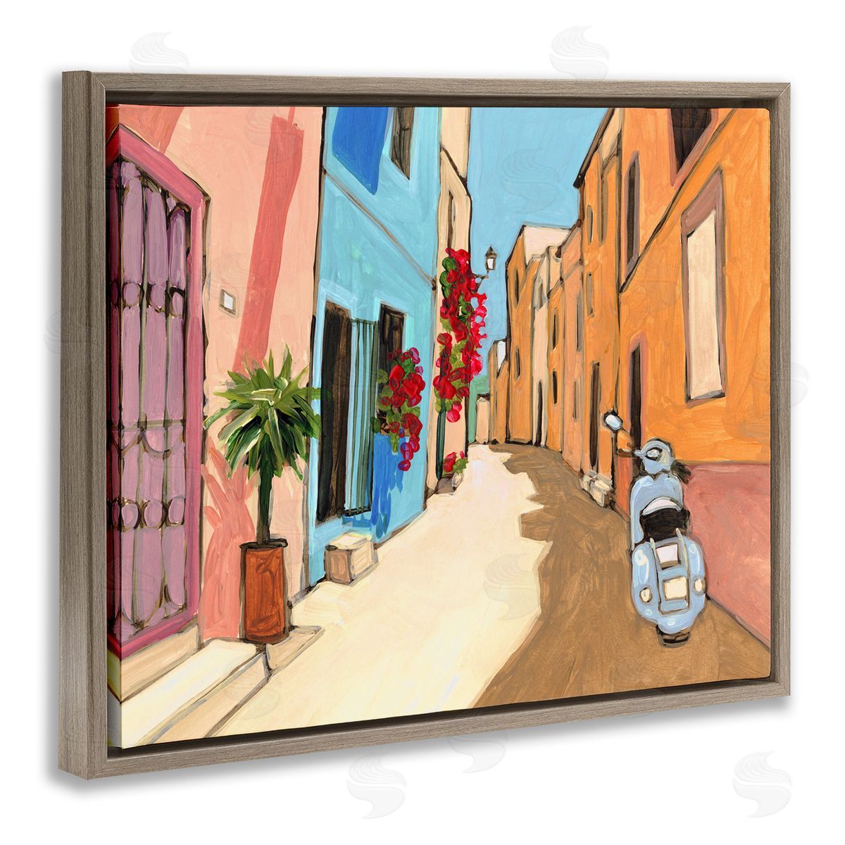 Bart E. Slyp European City Roadside Landscape Blue Street Vespa Brown Floater Frame Canvas Art
