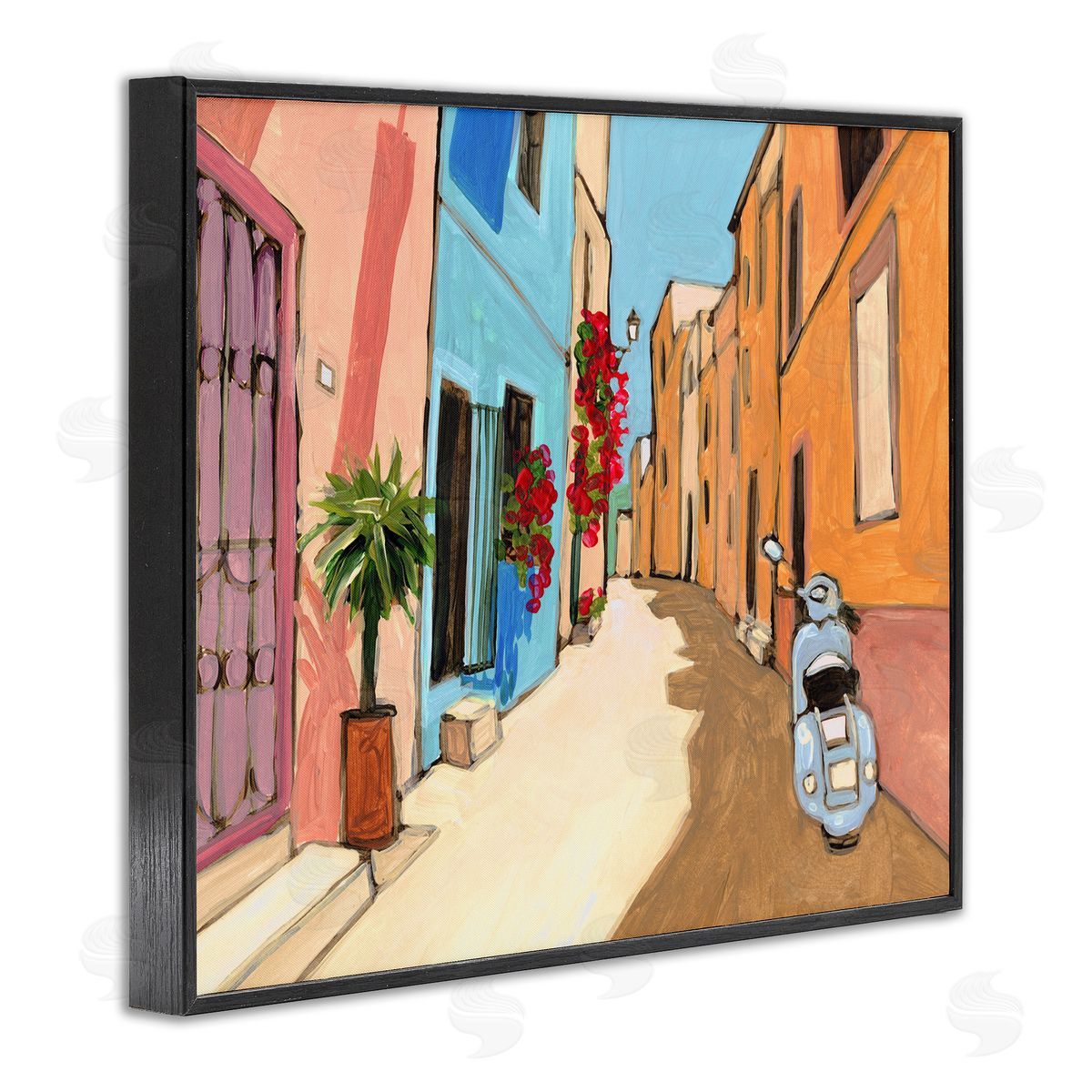 Bart E. Slyp European City Roadside Landscape Blue Street Vespa Black Framed Giclee Wall Art
