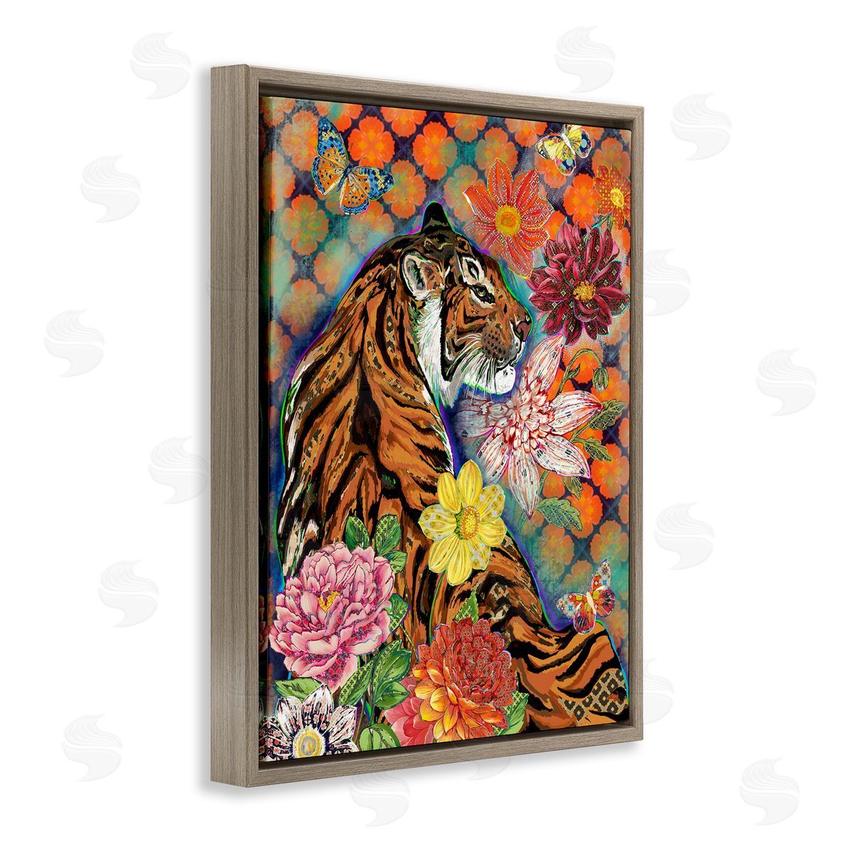 Sangita Bachelet Jungle Tiger Cat Over Orange Arabesque Floral Pattern Brown Floater Frame Canvas Art
