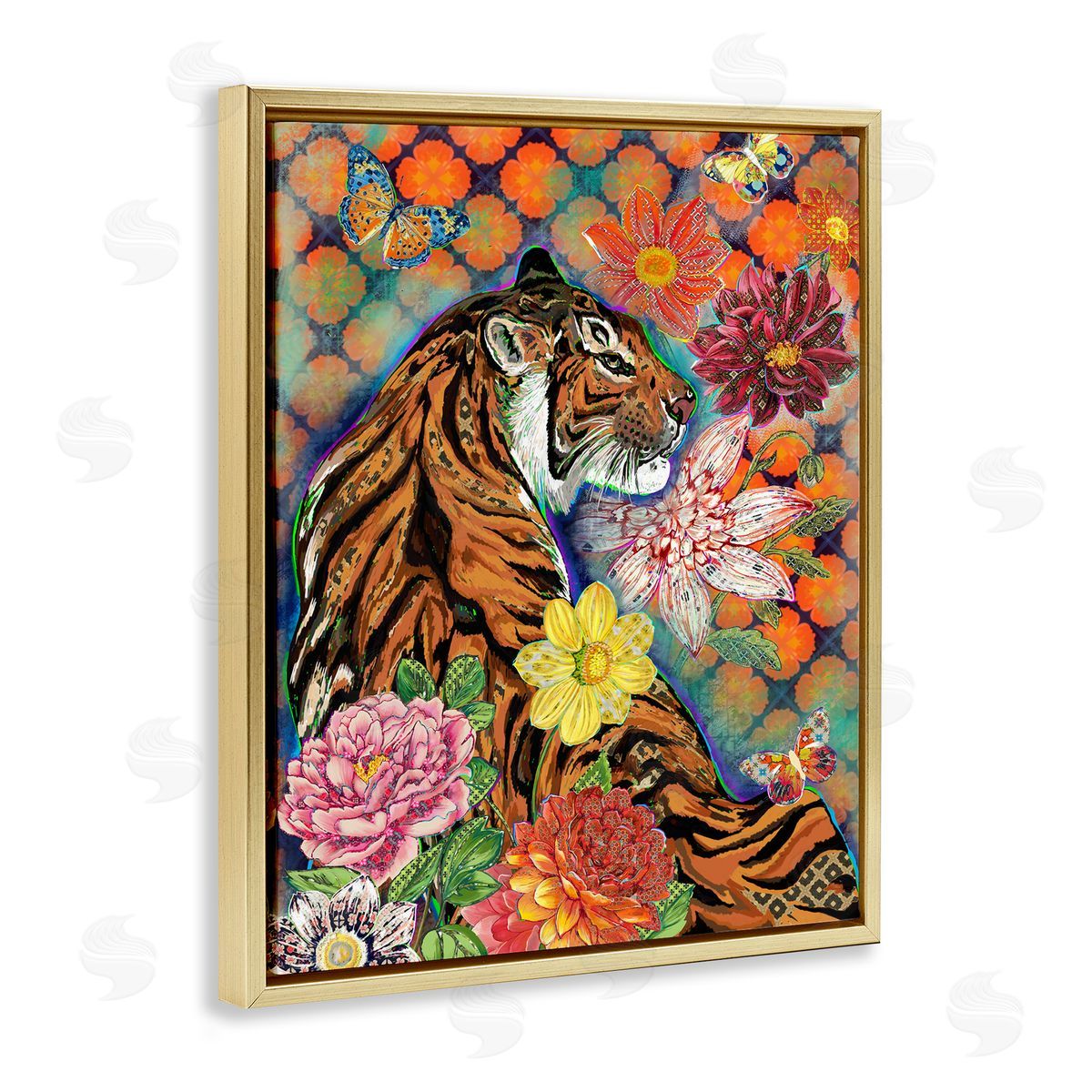 Sangita Bachelet Jungle Tiger Cat Over Orange Arabesque Floral Pattern Gold Floater Frame Canvas Art