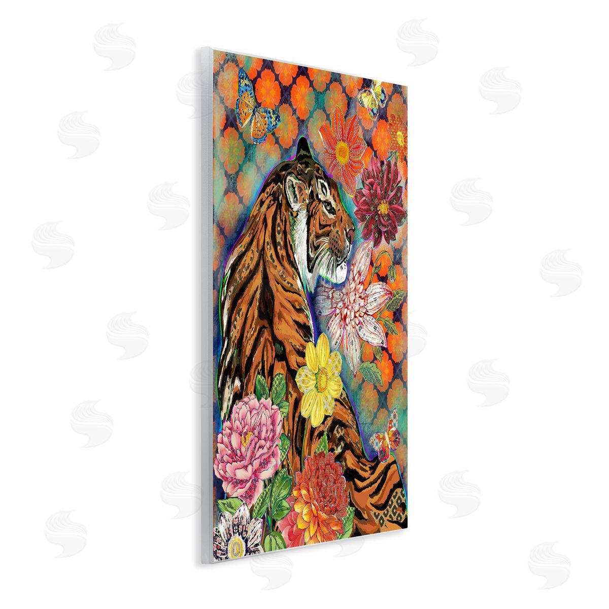Sangita Bachelet Jungle Tiger Cat Over Orange Arabesque Floral Pattern Wall Plaque Art