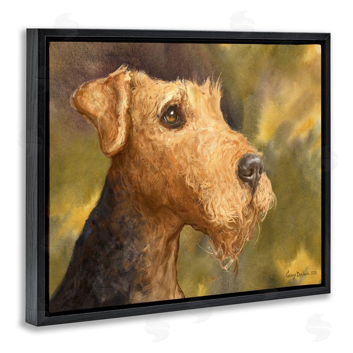 George Dyachenko Airedale Terrier Dog Watercolor Pet Portrait Green Brown Black Floater Frame Canvas Art