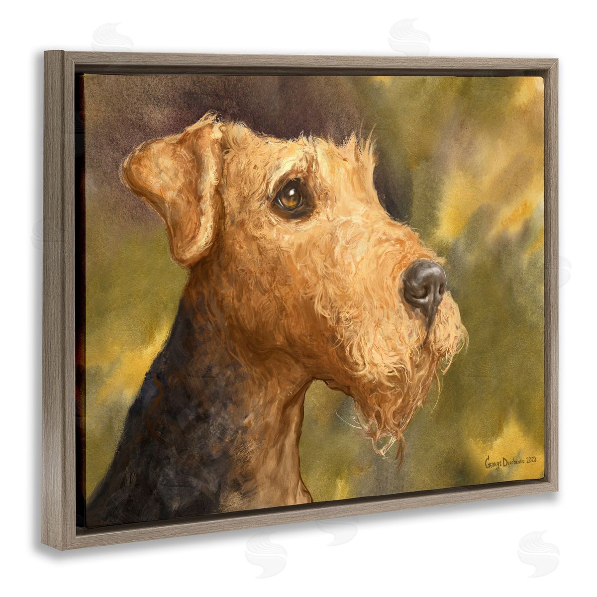 George Dyachenko Airedale Terrier Dog Watercolor Pet Portrait Green Brown Brown Floater Frame Canvas Art