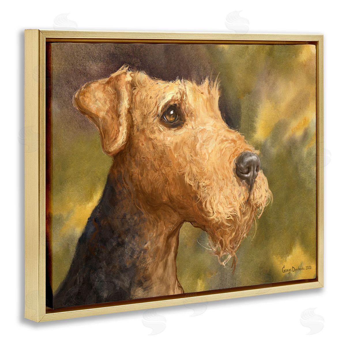George Dyachenko Airedale Terrier Dog Watercolor Pet Portrait Green Brown Gold Floater Frame Canvas Art