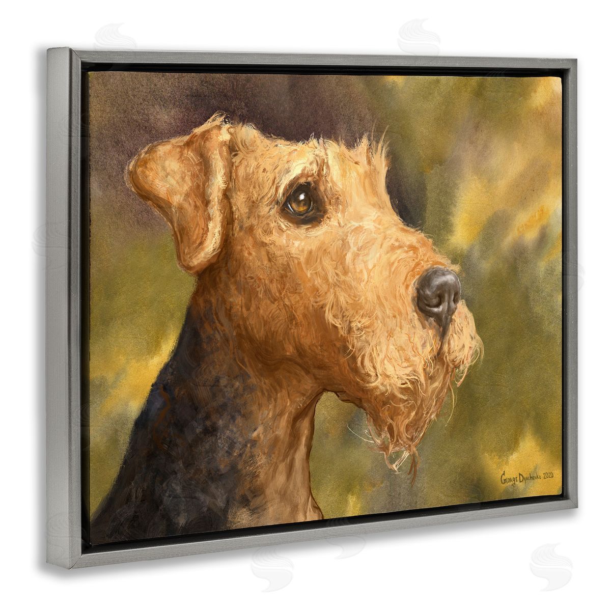 George Dyachenko Airedale Terrier Dog Watercolor Pet Portrait Green Brown Gray Floater Frame Canvas Art