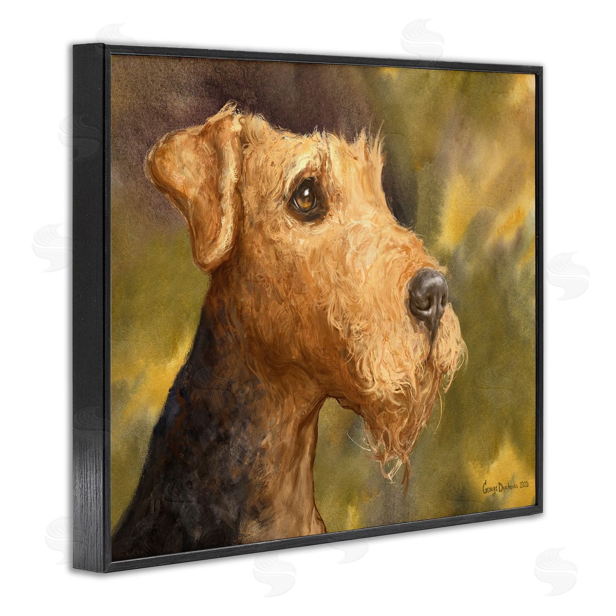 George Dyachenko Airedale Terrier Dog Watercolor Pet Portrait Green Brown Black Framed Giclee Wall Art