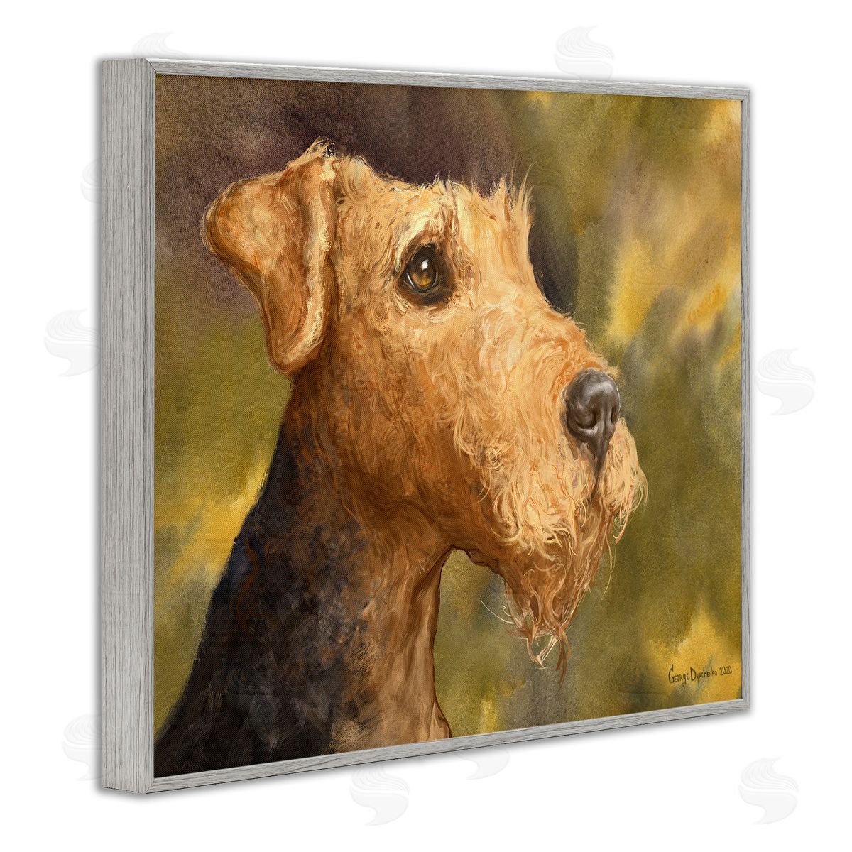 George Dyachenko Airedale Terrier Dog Watercolor Pet Portrait Green Brown Gray Framed Giclee Wall Art