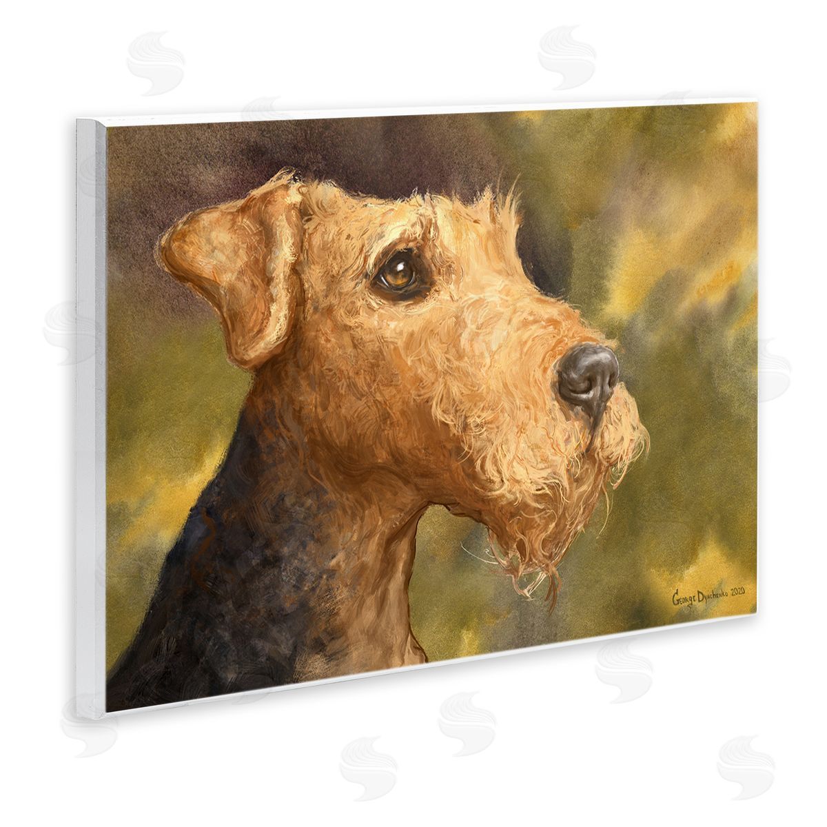 George Dyachenko Airedale Terrier Dog Watercolor Pet Portrait Green Brown Wall Plaque Art