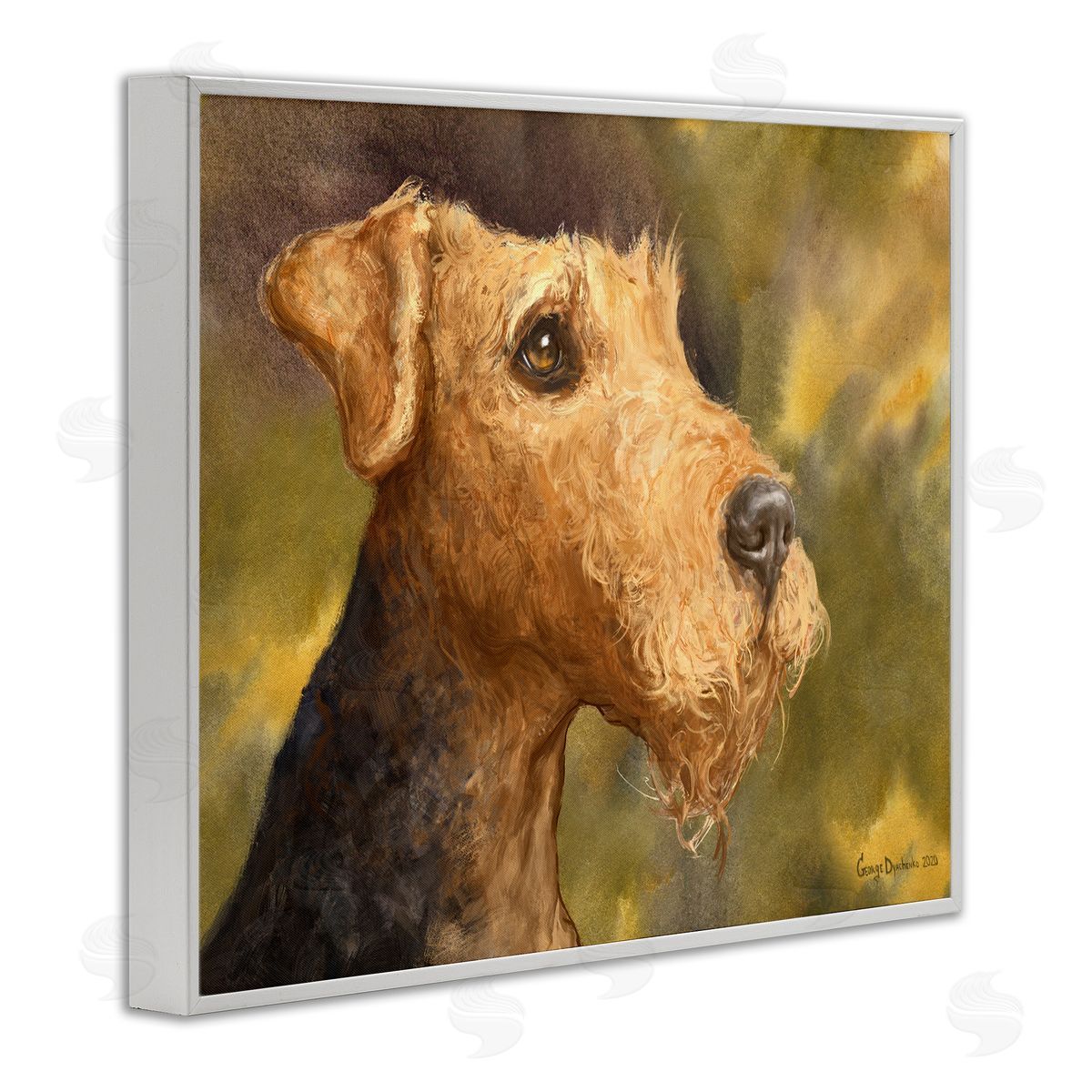 George Dyachenko Airedale Terrier Dog Watercolor Pet Portrait Green Brown White Framed Giclee Wall Art