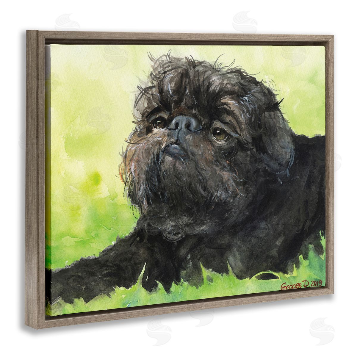 George Dyachenko Brussel Griffon Pet Dog Portrait Green Black Brown Floater Frame Canvas Art
