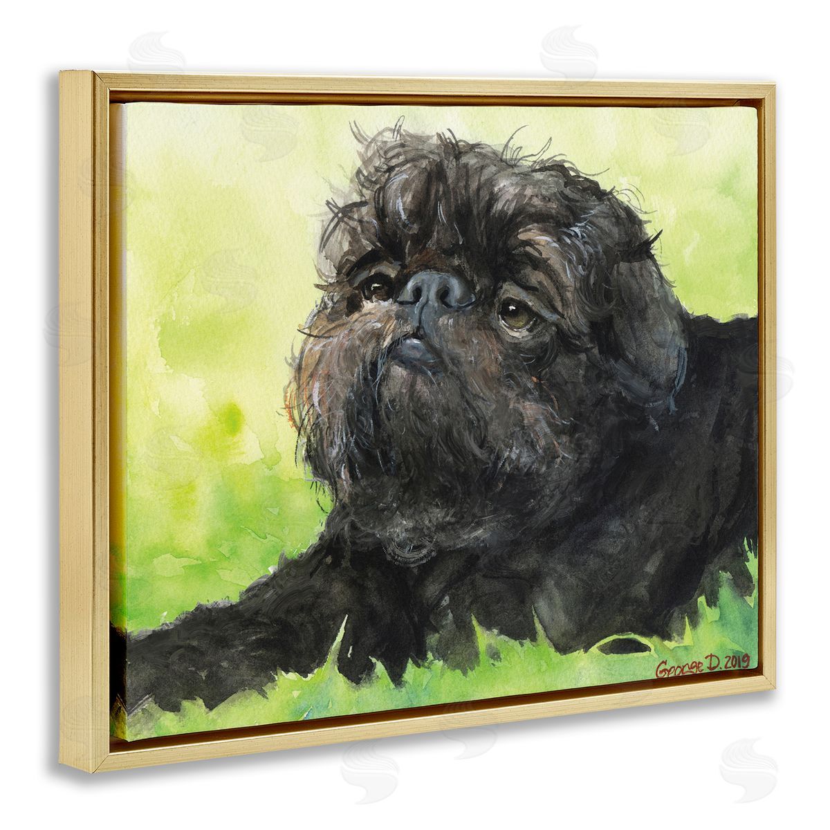 George Dyachenko Brussel Griffon Pet Dog Portrait Green Black Gold Floater Frame Canvas Art