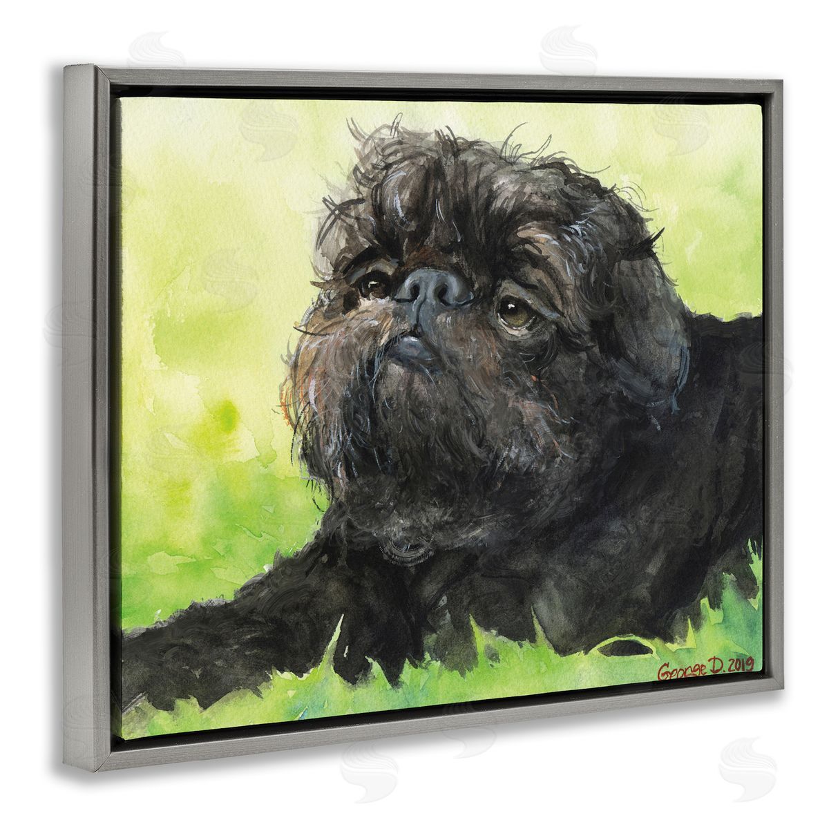 George Dyachenko Brussel Griffon Pet Dog Portrait Green Black Gray Floater Frame Canvas Art
