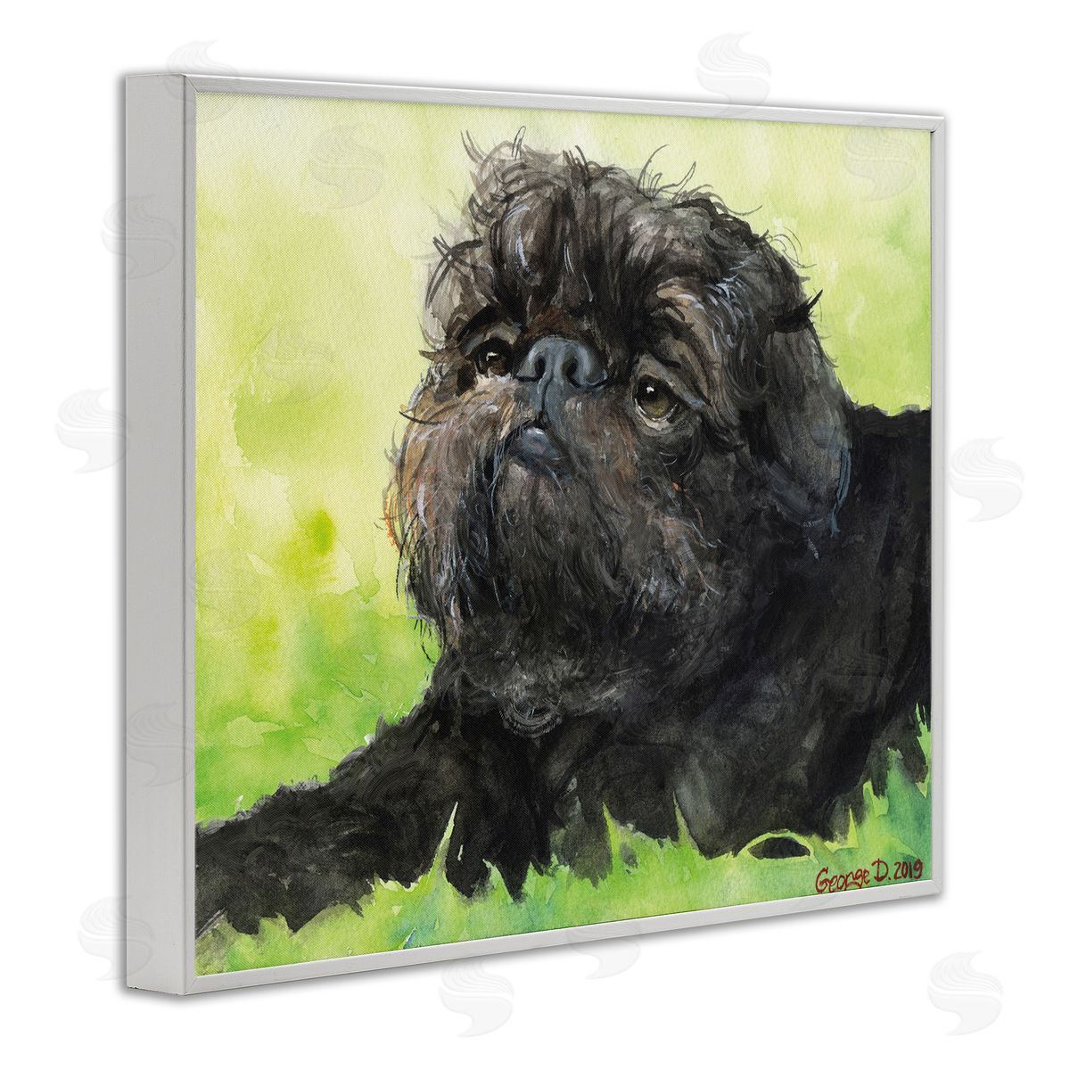 George Dyachenko Brussel Griffon Pet Dog Portrait Green Black White Framed Giclee Wall Art