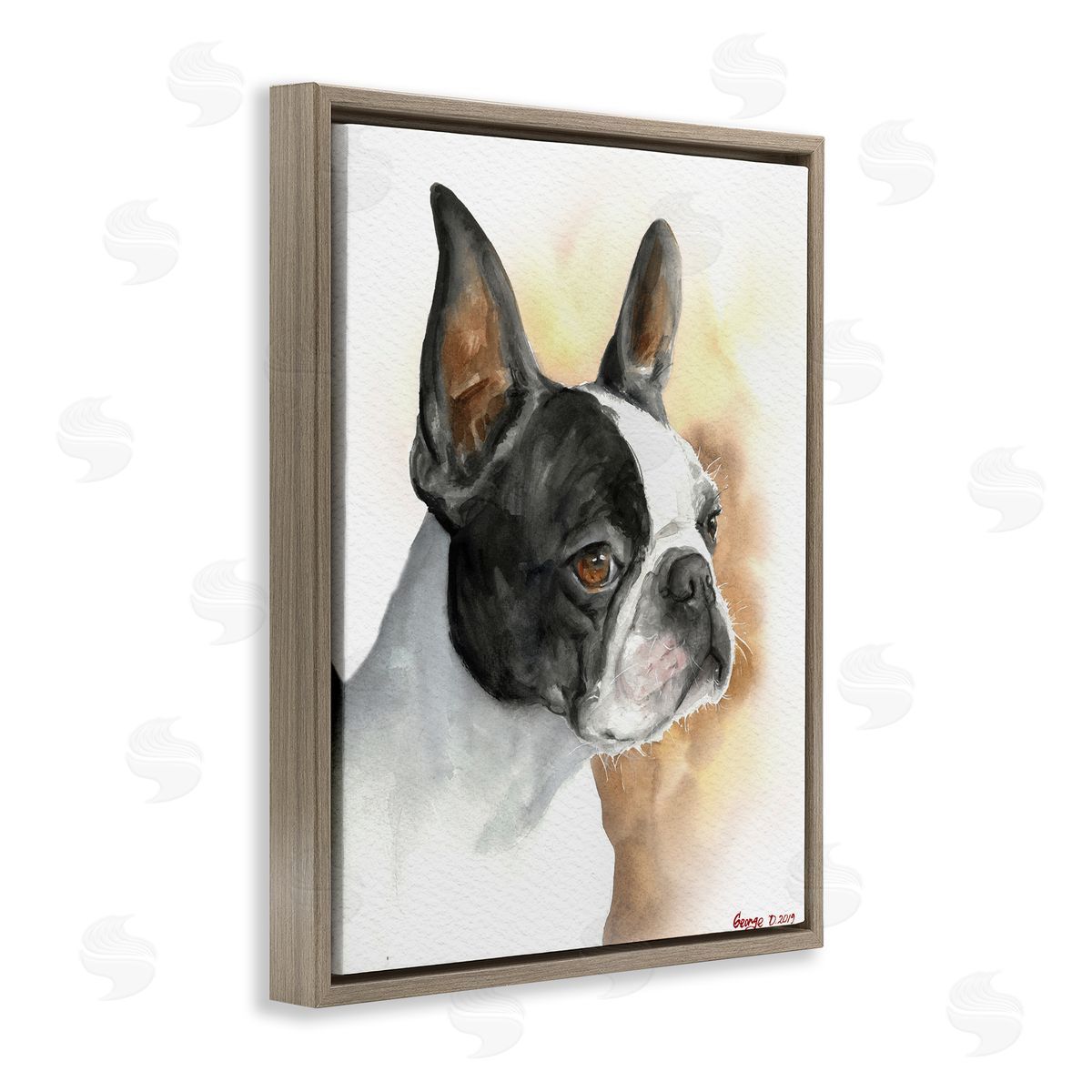 George Dyachenko Boston Terrier Pet Dog Portrait Black Brown Brown Floater Frame Canvas Art