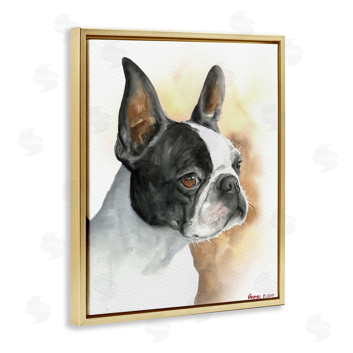 George Dyachenko Boston Terrier Pet Dog Portrait Black Brown Gold Floater Frame Canvas Art