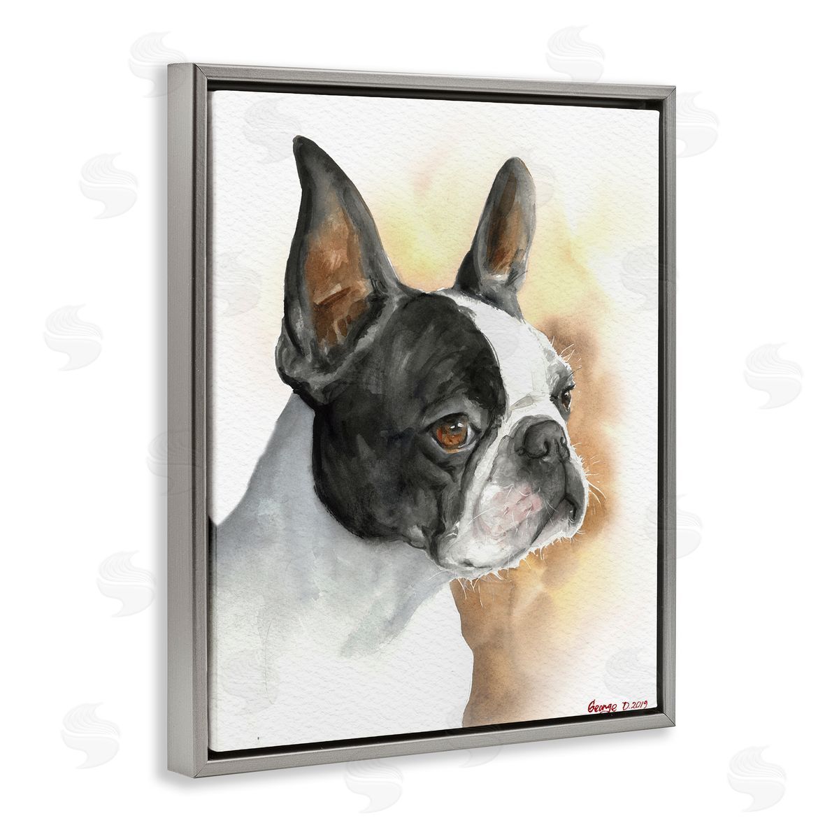 George Dyachenko Boston Terrier Pet Dog Portrait Black Brown Gray Floater Frame Canvas Art