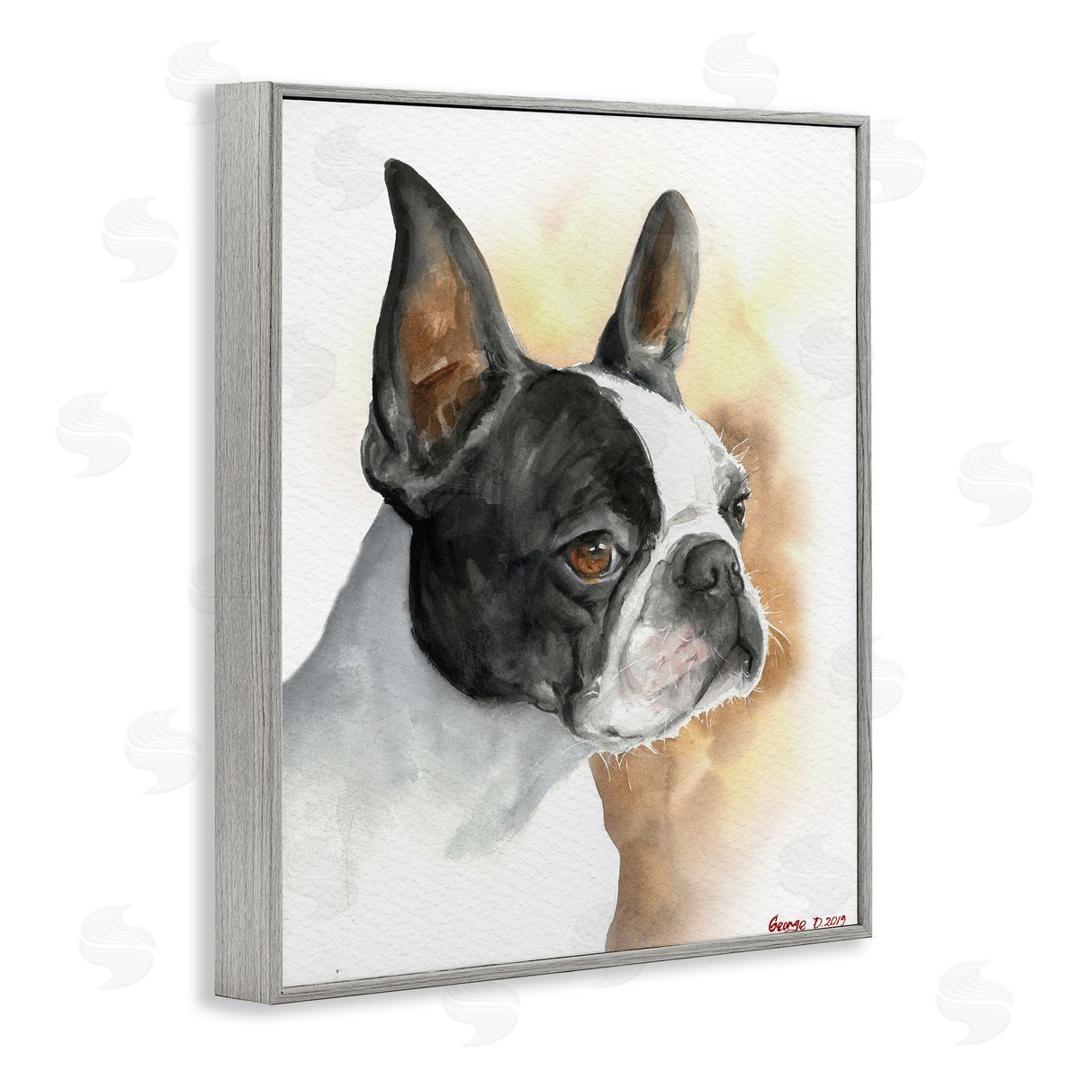 George Dyachenko Boston Terrier Pet Dog Portrait Black Brown Gray Framed Giclee Wall Art