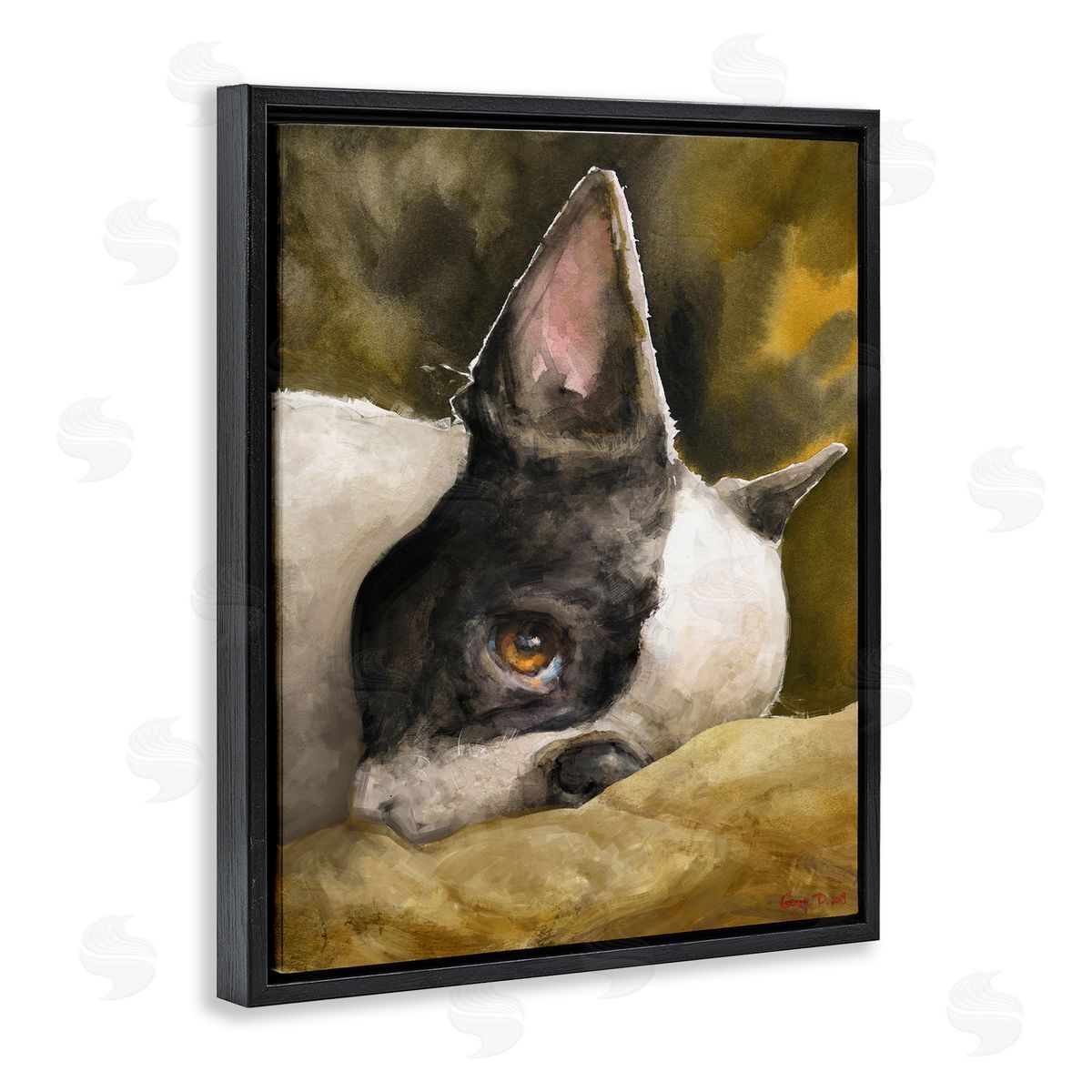 George Dyachenko Boston Terrier Resting Dog Pet Portrait Black Brown Black Floater Frame Canvas Art