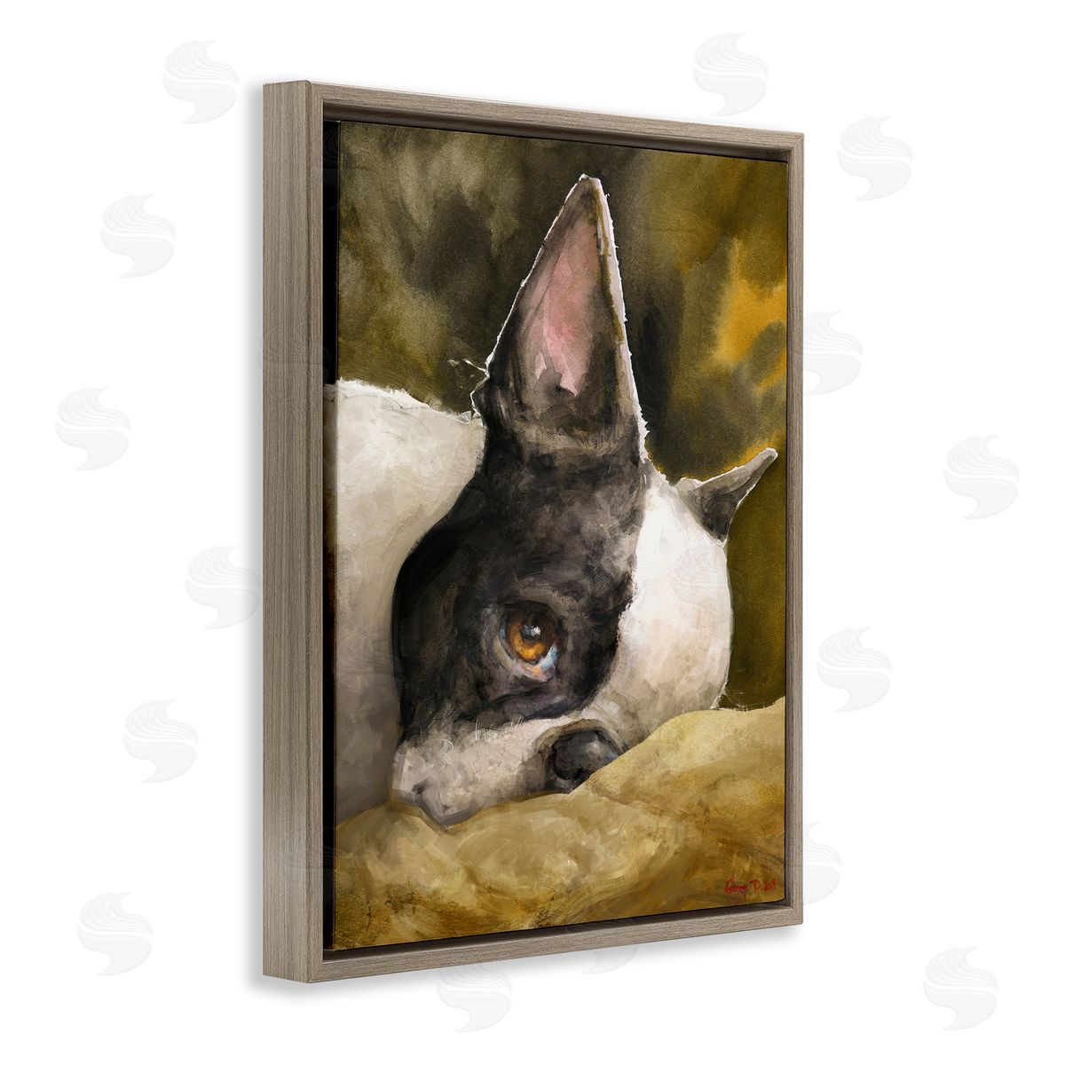 George Dyachenko Boston Terrier Resting Dog Pet Portrait Black Brown Brown Floater Frame Canvas Art