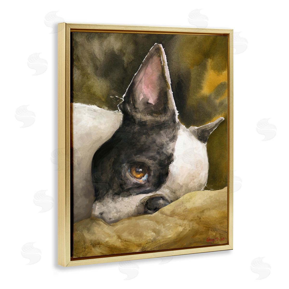 George Dyachenko Boston Terrier Resting Dog Pet Portrait Black Brown Gold Floater Frame Canvas Art