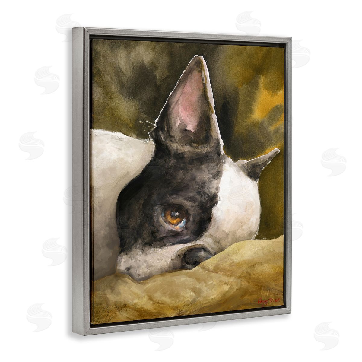 George Dyachenko Boston Terrier Resting Dog Pet Portrait Black Brown Gray Floater Frame Canvas Art