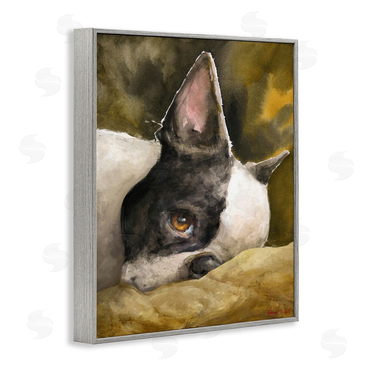George Dyachenko Boston Terrier Resting Dog Pet Portrait Black Brown Gray Framed Giclee Wall Art