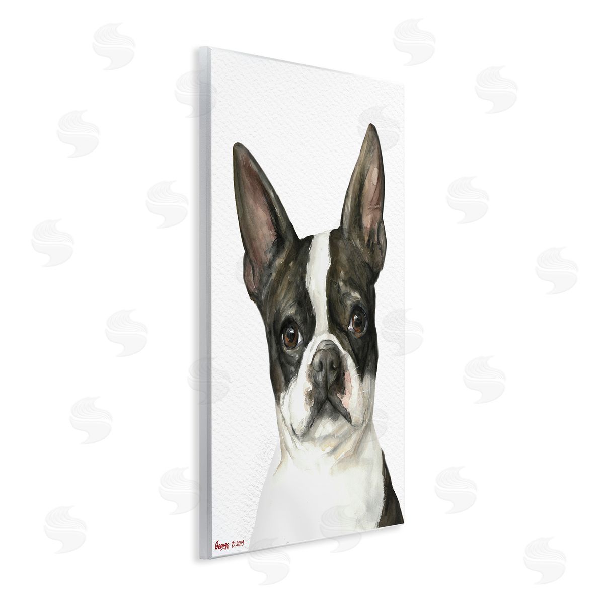 George Dyachenko Curious Boston Terrier Portrait Pet Dog Watercolor  Wall Plaque Art