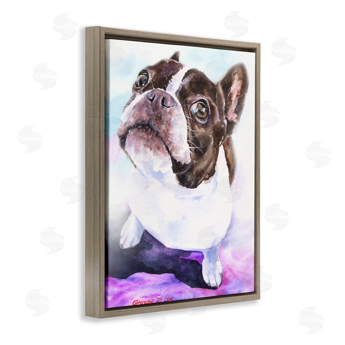 George Dyachenko Happy Boston Terrier Pet Dog Portrait Black Purple Brown Floater Frame Canvas Art