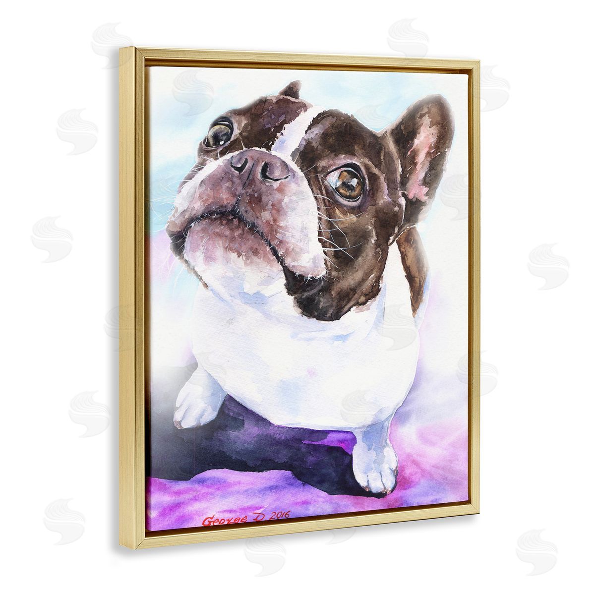 George Dyachenko Happy Boston Terrier Pet Dog Portrait Black Purple Gold Floater Frame Canvas Art