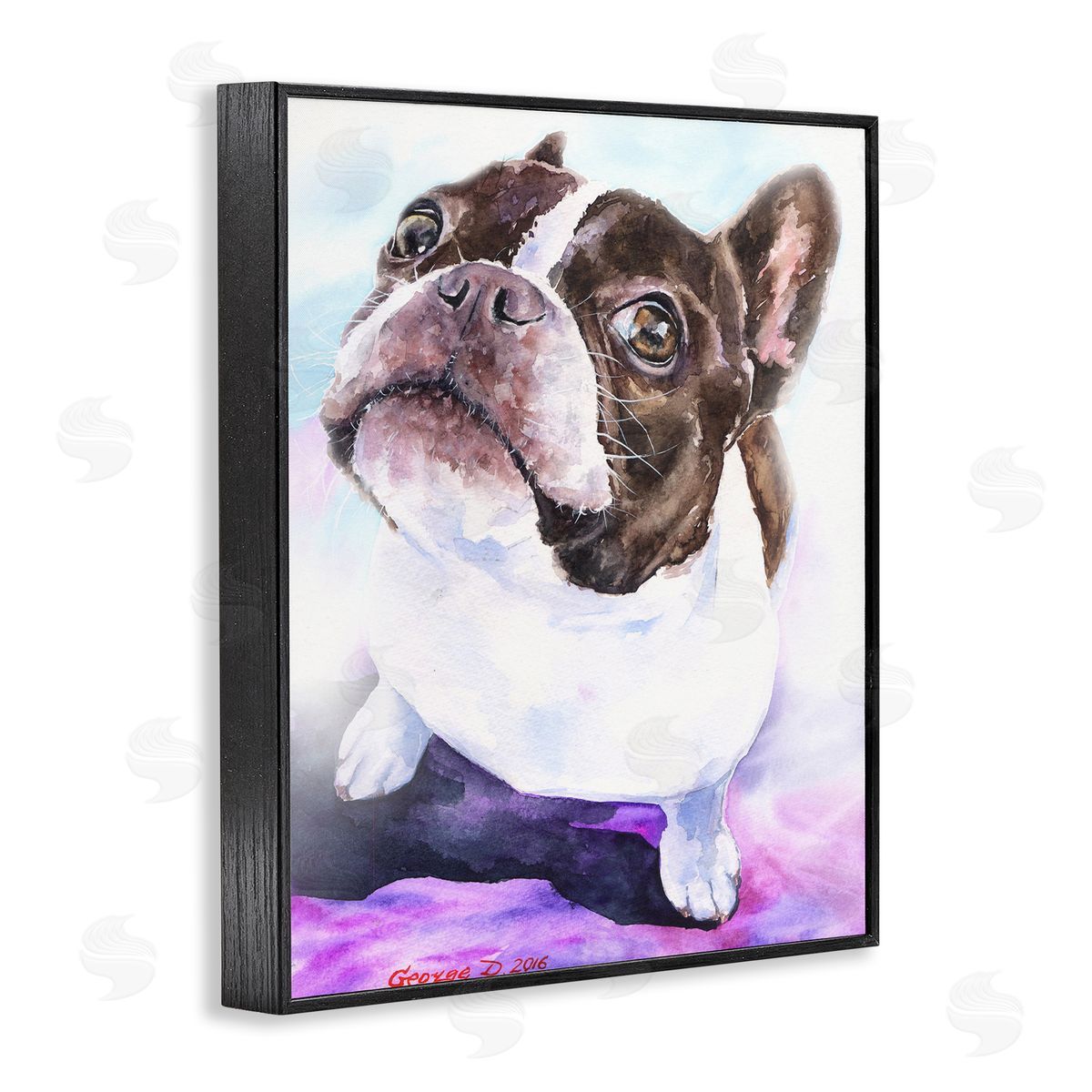 George Dyachenko Happy Boston Terrier Pet Dog Portrait Black Purple Black Framed Giclee Wall Art