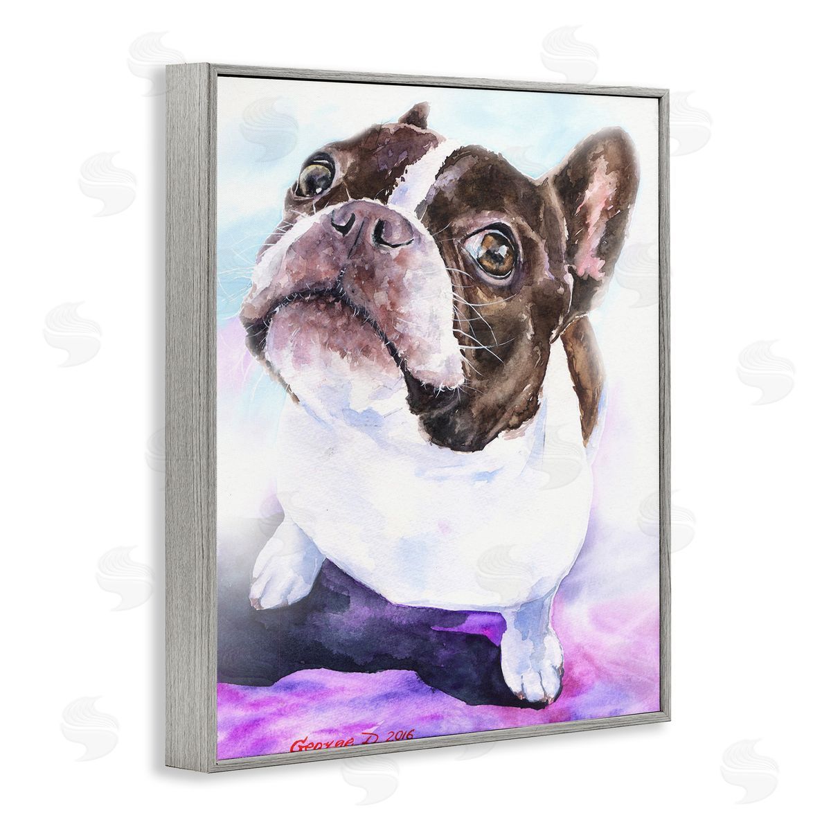 George Dyachenko Happy Boston Terrier Pet Dog Portrait Black Purple Gray Framed Giclee Wall Art