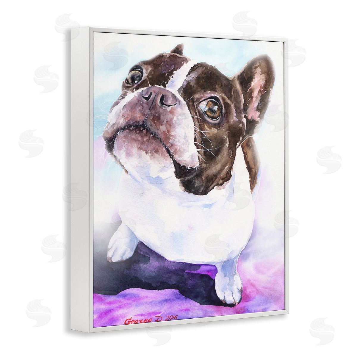 George Dyachenko Happy Boston Terrier Pet Dog Portrait Black Purple White Framed Giclee Wall Art