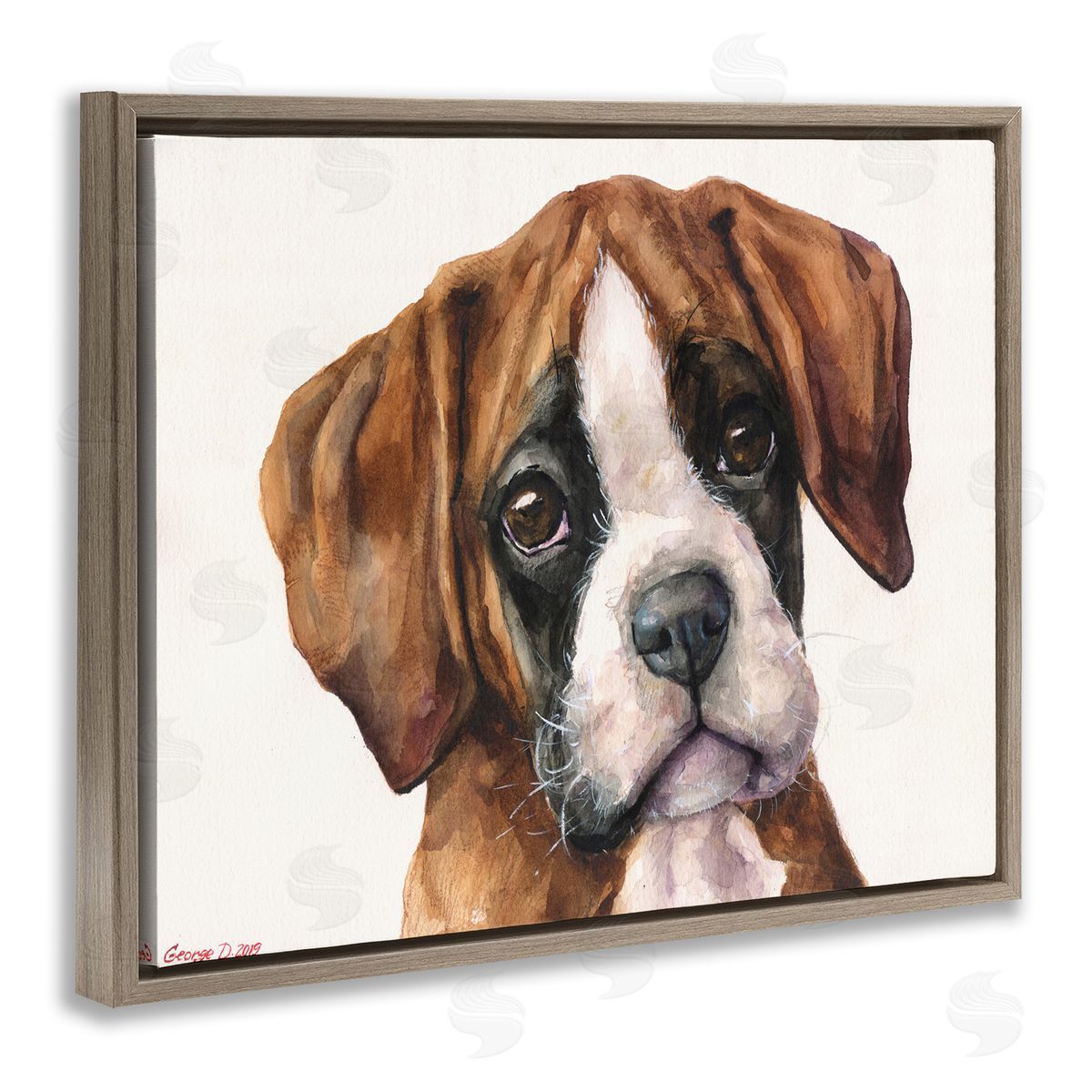 George Dyachenko Puppy Eyes Boxer Dog Pet Portrait Brown White Brown Floater Frame Canvas Art