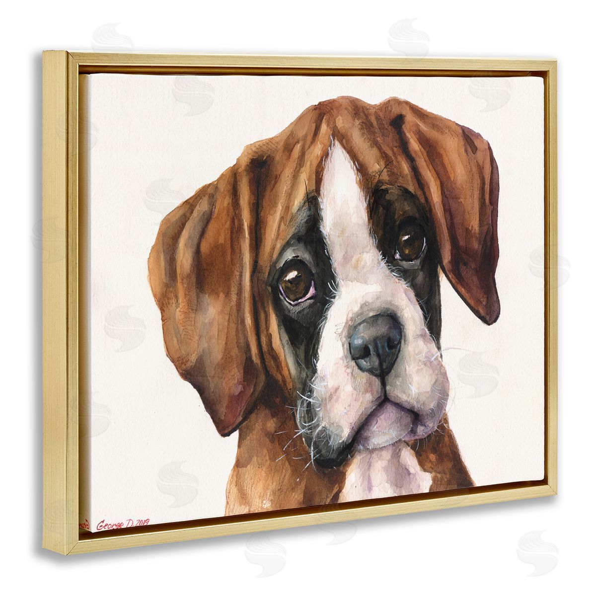 George Dyachenko Puppy Eyes Boxer Dog Pet Portrait Brown White Gold Floater Frame Canvas Art