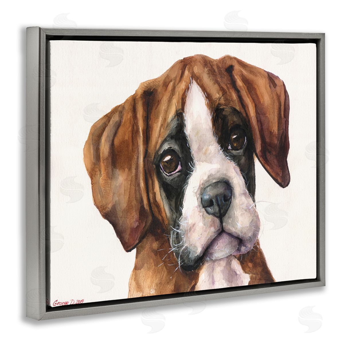 George Dyachenko Puppy Eyes Boxer Dog Pet Portrait Brown White Gray Floater Frame Canvas Art