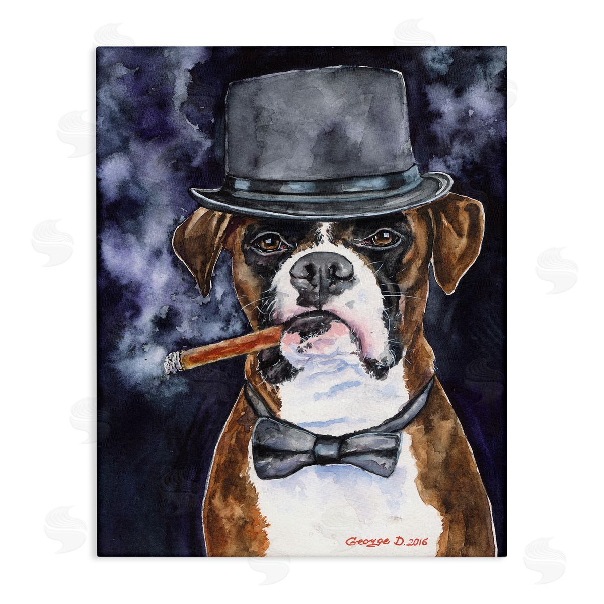 George Dyachenko Sophisticated Boxer Dog Portrait Top Hat Pet Canvas Wall Art